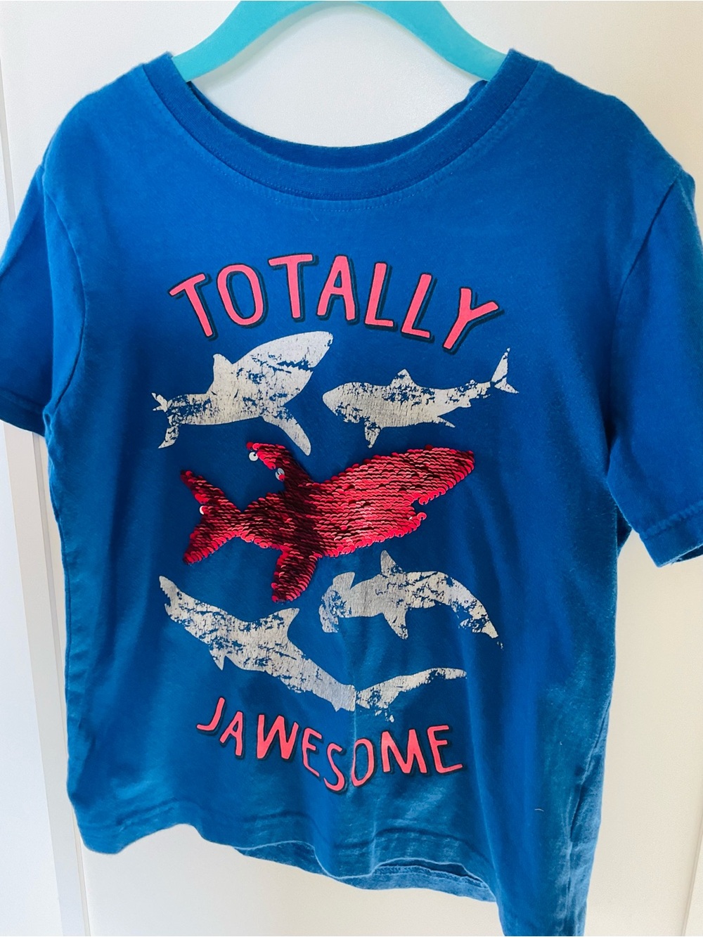 Kids Blue 'Totally Jawesome' Shark Sequin Tee